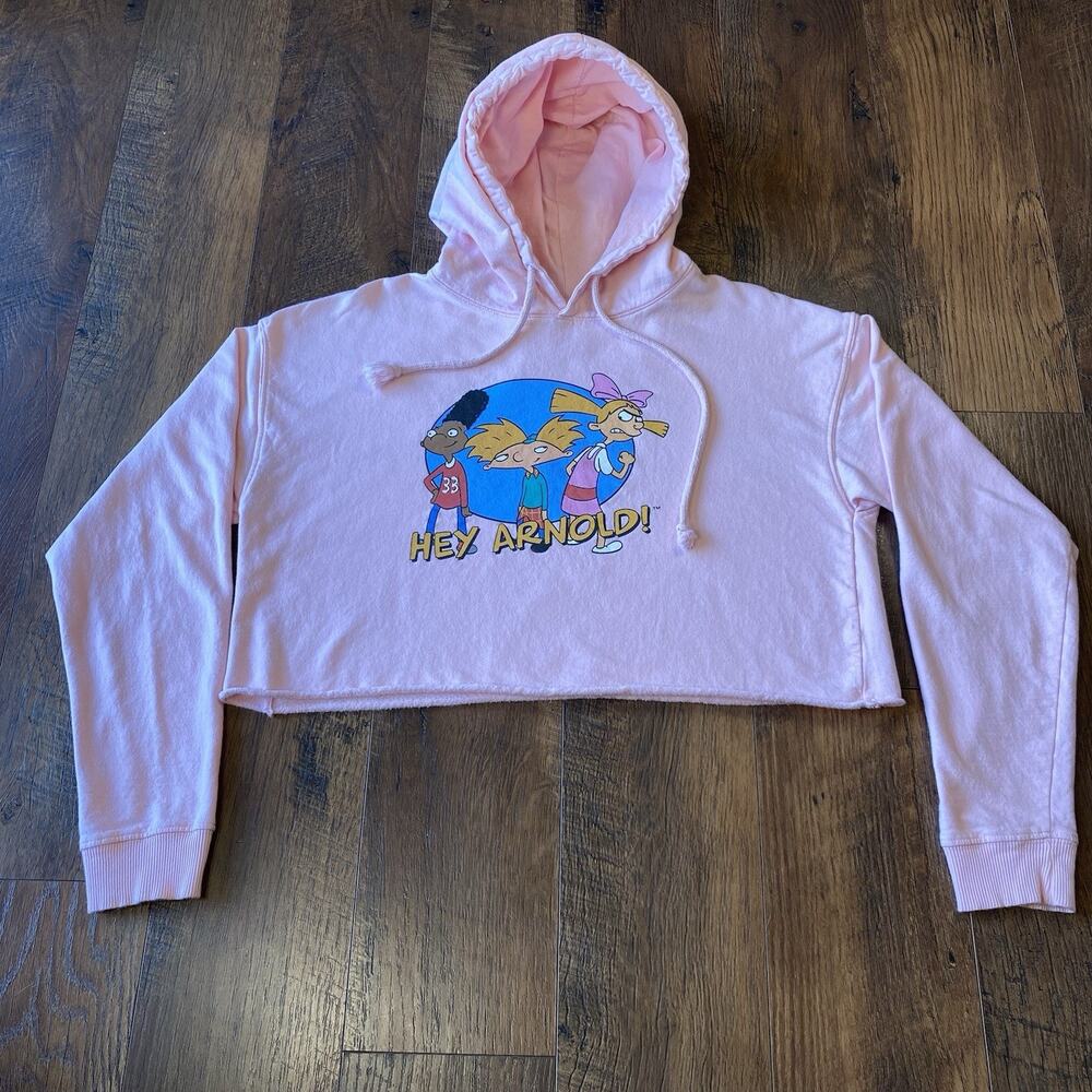 Women’s Nickelodeon Hey Arnold Cropped Pink Hoodie Size Medium Cartoon 90s Tv